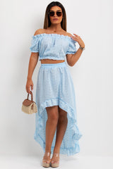 broderie anglaise high low mullet skirt and off shoulder crop top two piece co ord set