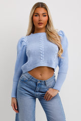 womens knitted puff shoulder jumper top baby blue