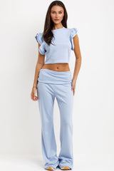 fold flare trousers and frill ruffle sleeve top two piece co ord set