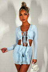 frilly tie front long sleeve crop top and mini skirt co ord set festival going out holiday outfit 