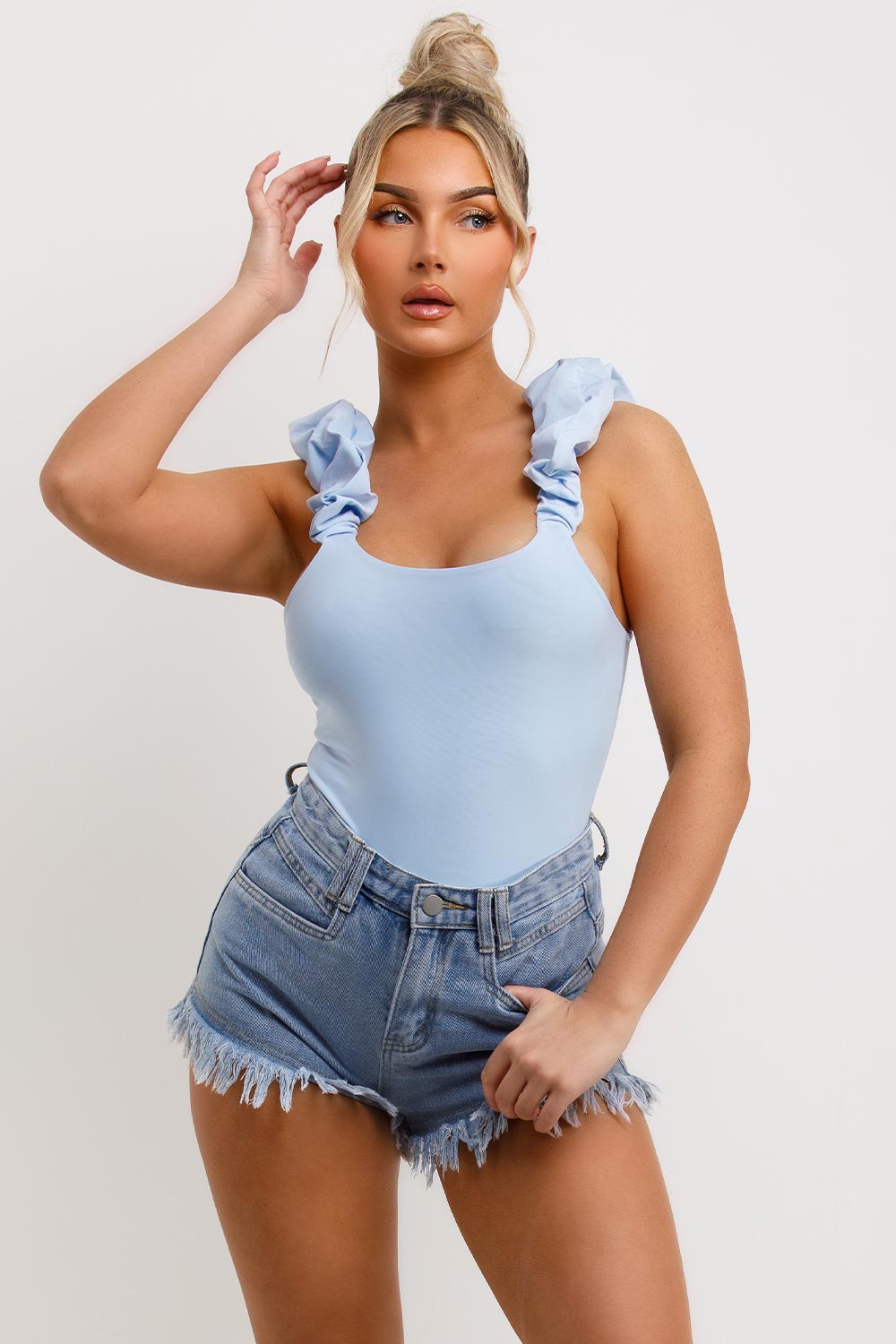 ruffle ruched strap slinky double lined going out summer holiday bodysuit top sky blue
