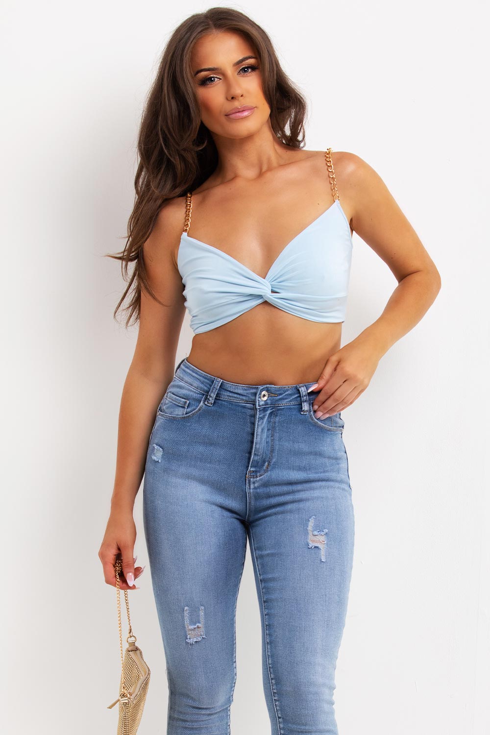 festival crop top with gold chain straps and twist front
