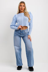 puff sleeve knitted jumper top sky blue