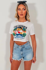 womens baby tee with graphic teddy  california slogan