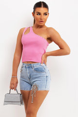 one shoulder cut out diamante top ribbed