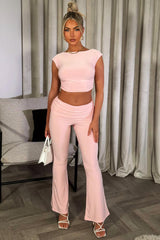 flare trousers with fold detail and backless crop top set going out summer occasion outfit