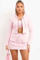 Skort Crop Hoodie And Bandeau Top Three Piece Set Pink