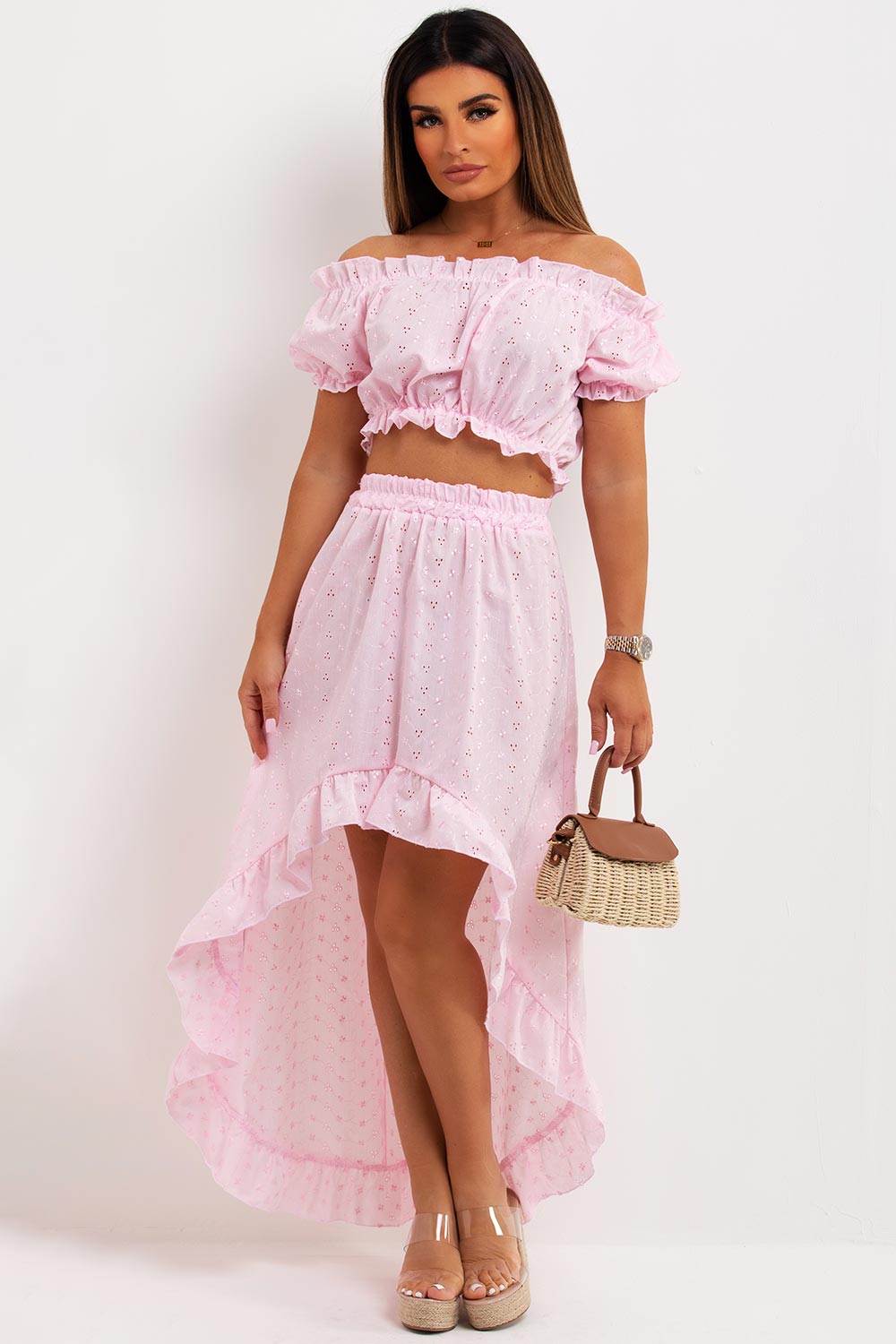 broderie anglaise ruffle frilly high low mullet skirt and top co ord set