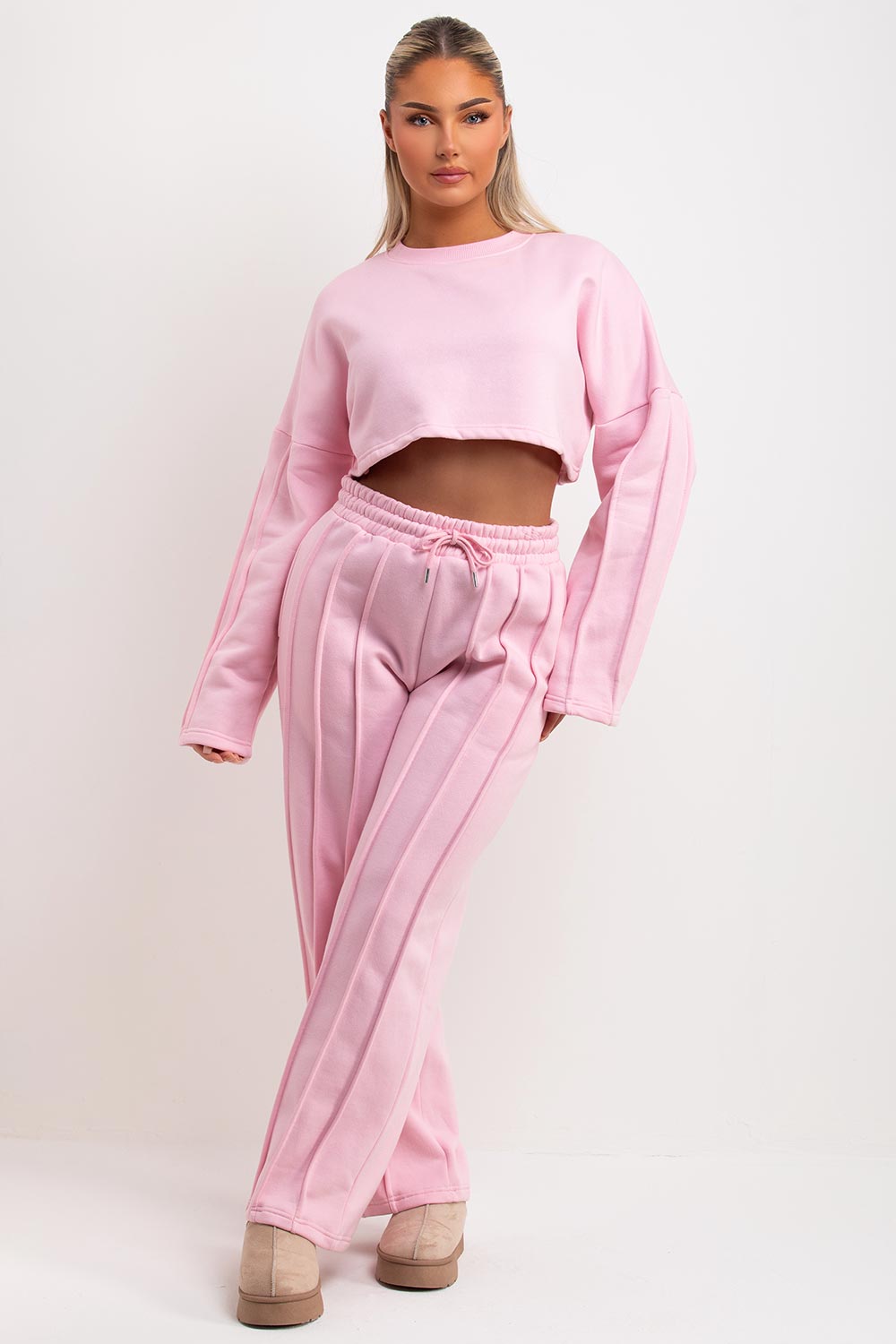 crop sweatshirt and straight leg joggers tracksuit with seam detail pink