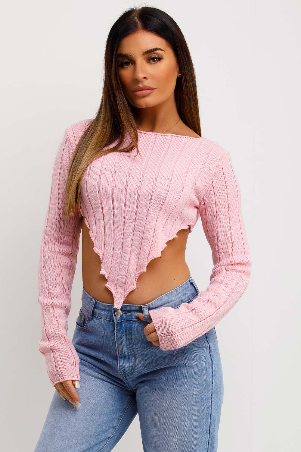 pink knitted crop jumper with dip hem womens
