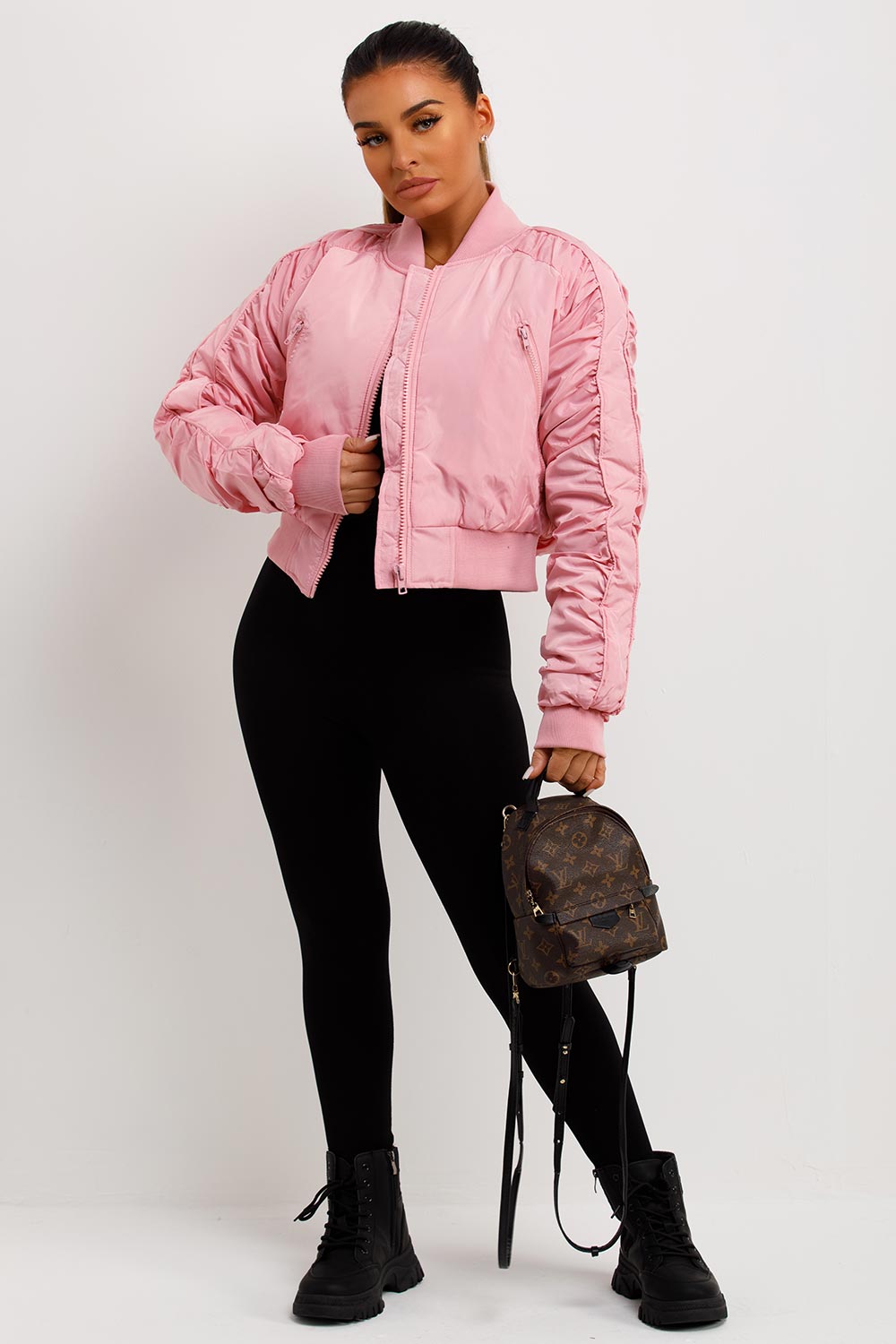 bomber jacket with ruched sleeves womens