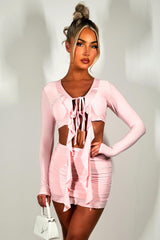 pink frilly tie front crop top and frill hem skirt co ord set festival going out holiday outfit 