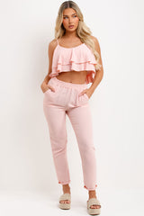 ruffle frilly top and trousers two piece co ord set