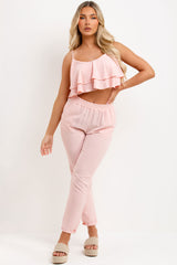 womens trousers and ruffle top two piece co ord set matching outfit