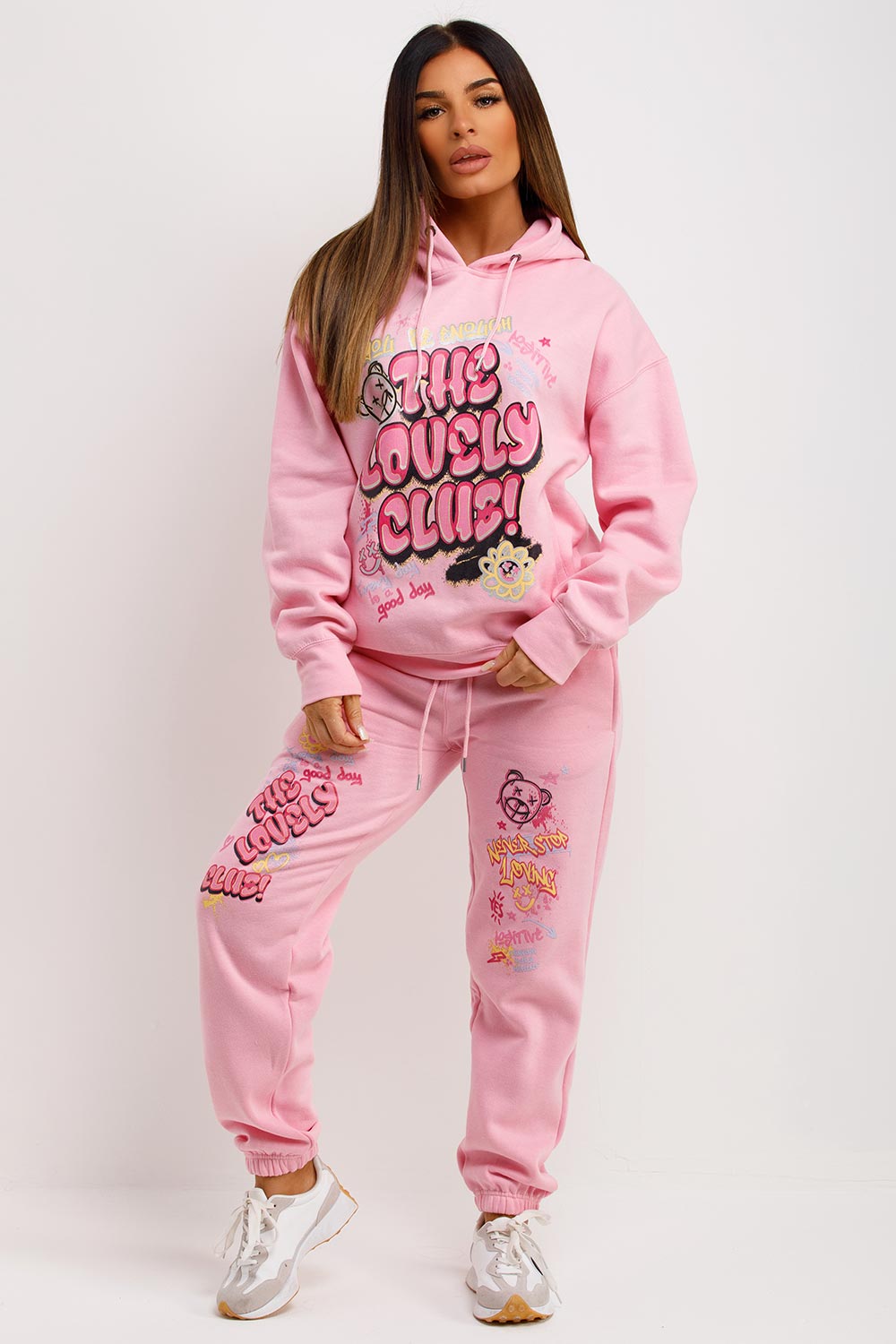 womens pink hoodie and joggers tracksuit co ord set