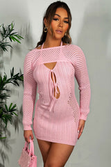 crochet dress with tie front long sleeves