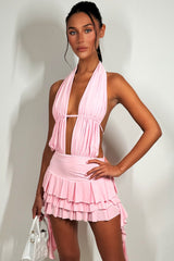 festival dress with ruffle detail and halter neck plunge