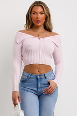 pink off shoulder jumper with zip front