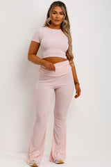 flared ribbed trousers with fold detail and crop top two piece matching set