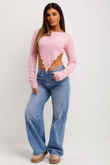 womens crop knitted jumper with dip hem and long sleeves