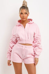 ruched crop zip hoodie and short tracksuit summer lounge set for womens