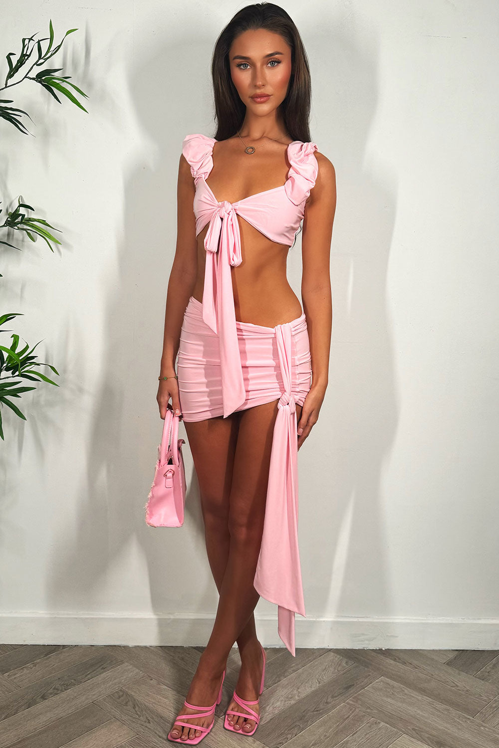 ruffle ruched shoulder bikini top and mini drape skirt two piece set summer holiday festival outfit