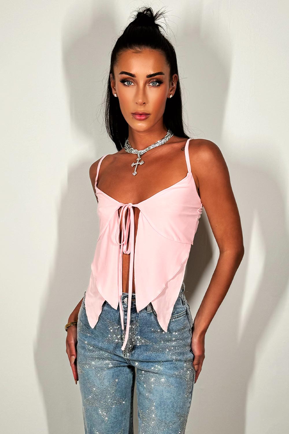 pink tie front top bralette festival outfit