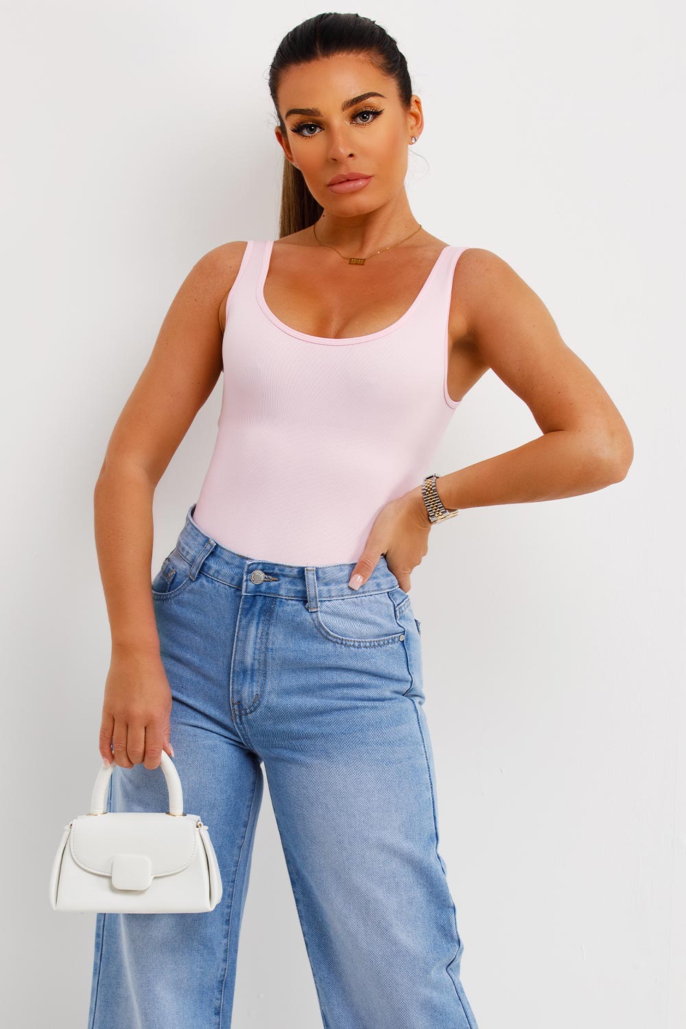 Contour Ribbed Bodysuit Top Pink Skims Inspired –