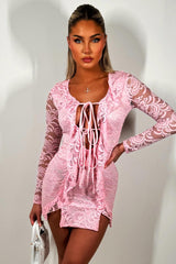 pink long sleeve lace dress with tie front frill detail summer holiday festival outfit