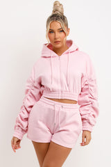 womens crop zip up hoodie with ruched sleeves and shorts tracksuit set