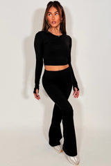 long sleeve tie back sports crop top and flare trouser lounge set womens styledup 