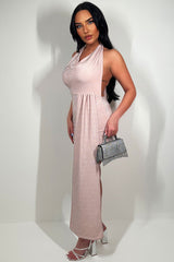 pink sparkly cowl neck dress with drape detail summer occasion going out outfit