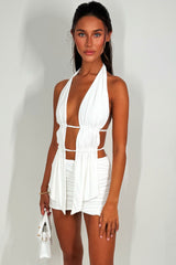 mini skirt and halter neck ruched front backless top two piece festival rave outfit