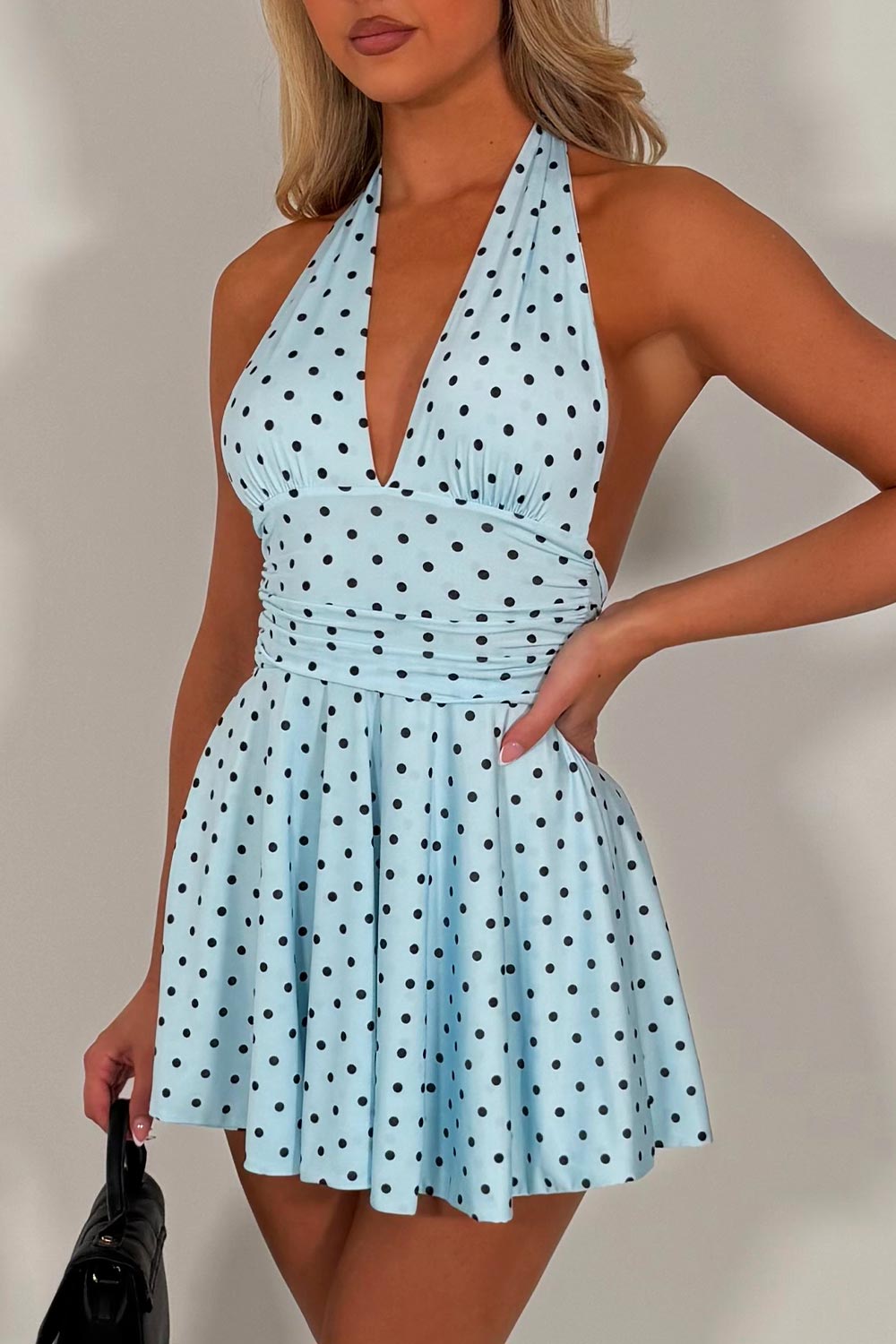 polka dot mini dress halterneck backless going out summer holiday outfit styledup fashion white fox