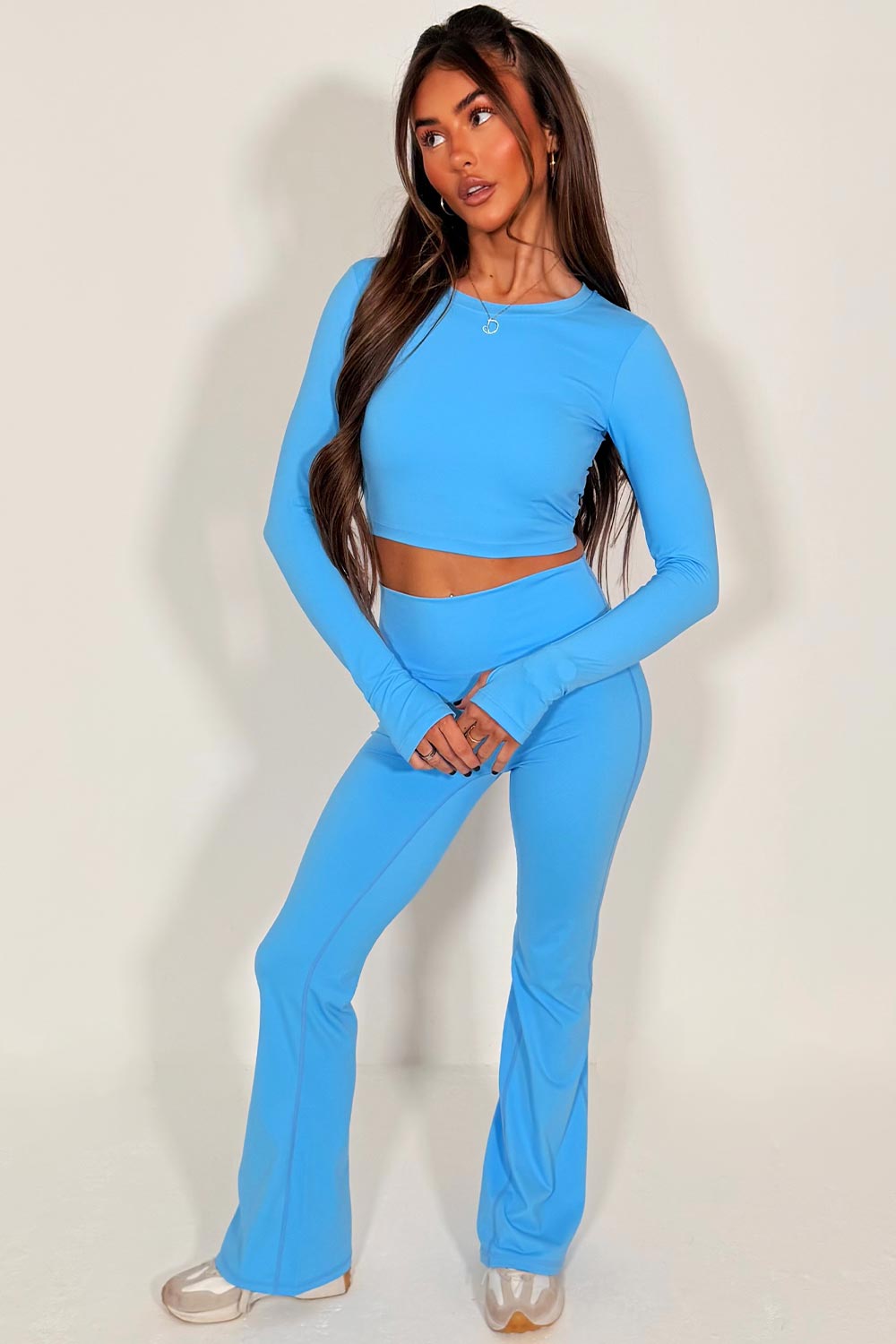 tie back long sleeve crop top and flare trousers two piece co ord set styledup 