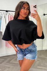 womens black short sleeve top with drop shoulders gathered inched waist oversized fit summer holiday airport outfit styledup uk white fox