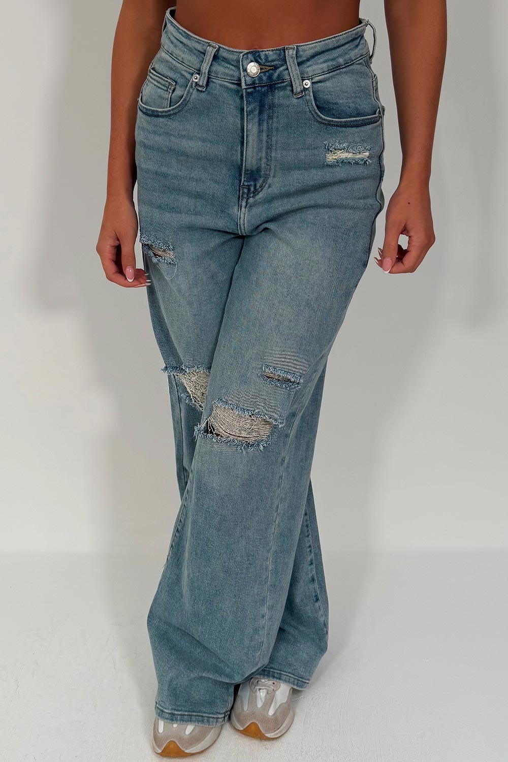 womens baggy wide leg denim jeans with ripped distress detail styledup uk 