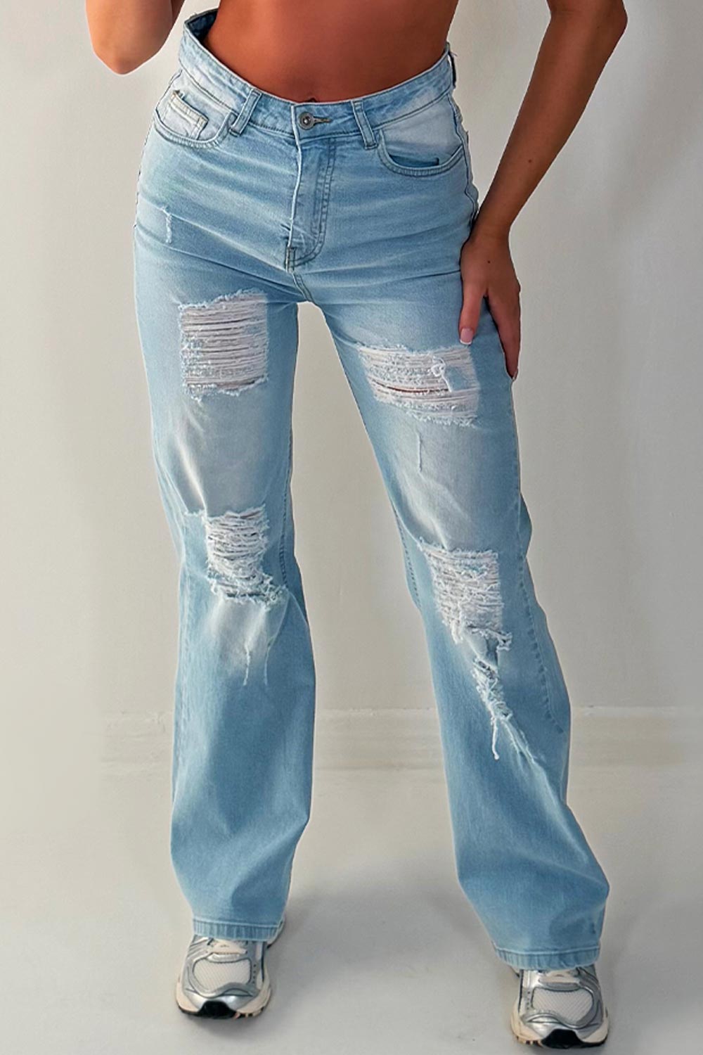 zara womens light wash ripped denim jeans wide leg fit 