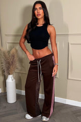 brown wide leg joggers with leopard print back pink side stripes womens loungewear styledup 