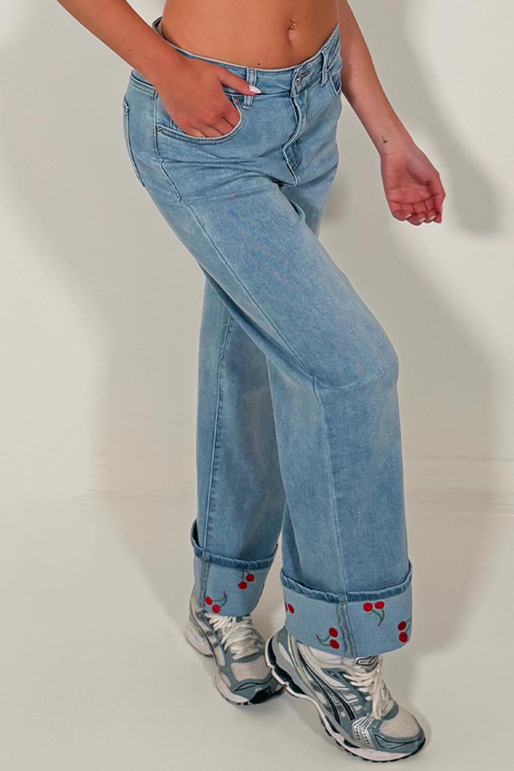 womens wide leg jeans with turn up hem and cherry detail styledup 