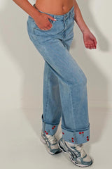 womens wide leg jeans with turn up hem and cherry detail styledup 