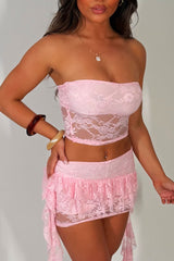 ruffle frilly lace skort mini skirt and off shoulder strapless crop top co ord set styledup uk