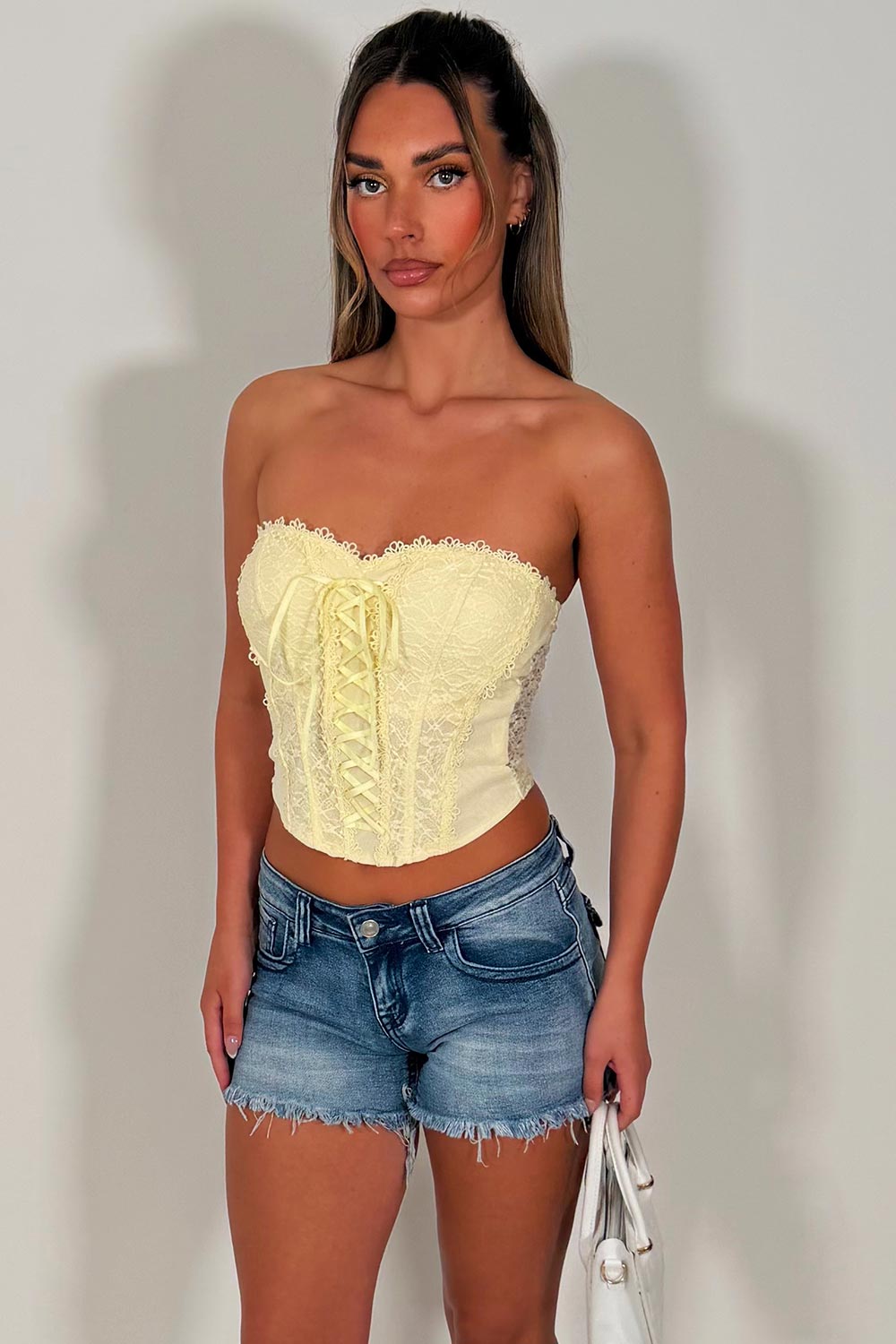yellow lace corset top going out festival outfit uk styledup white fox