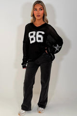 womens knitted long sleeve jumper 86 boston slogan in fishnet knit sale 