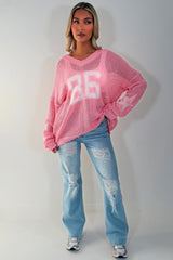 womens knitted long sleeve jumper 86 boston slogan in fishnet knit sale 