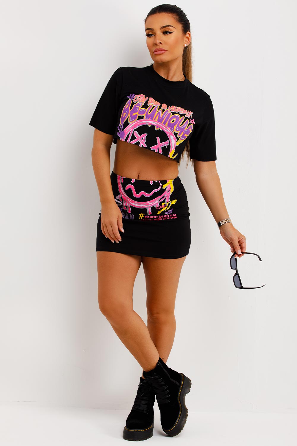 neon crop t shirt and mini bodycon skirt rave festival outfit
