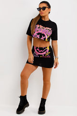 neon graphic crop top and mini skirt co ord set