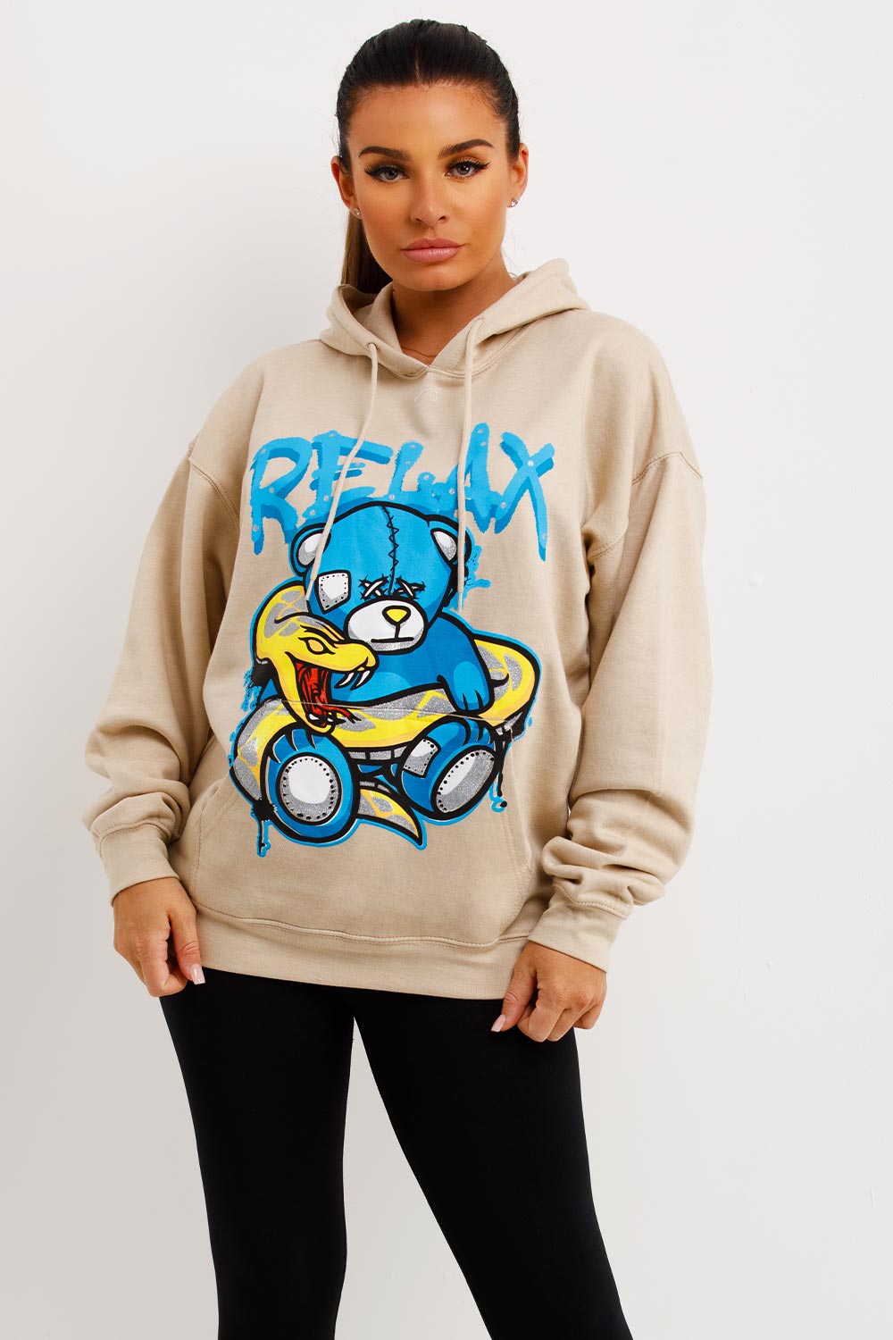 womens oversized hoodie with teddy bear relax print