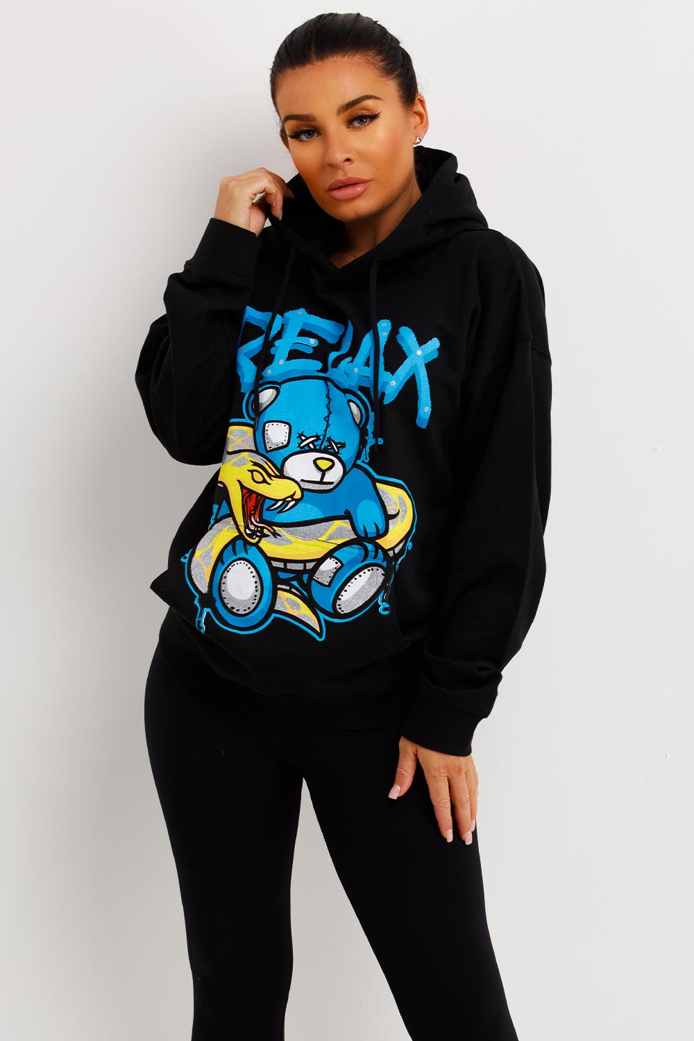 womens black oversized hoodie with graphic print