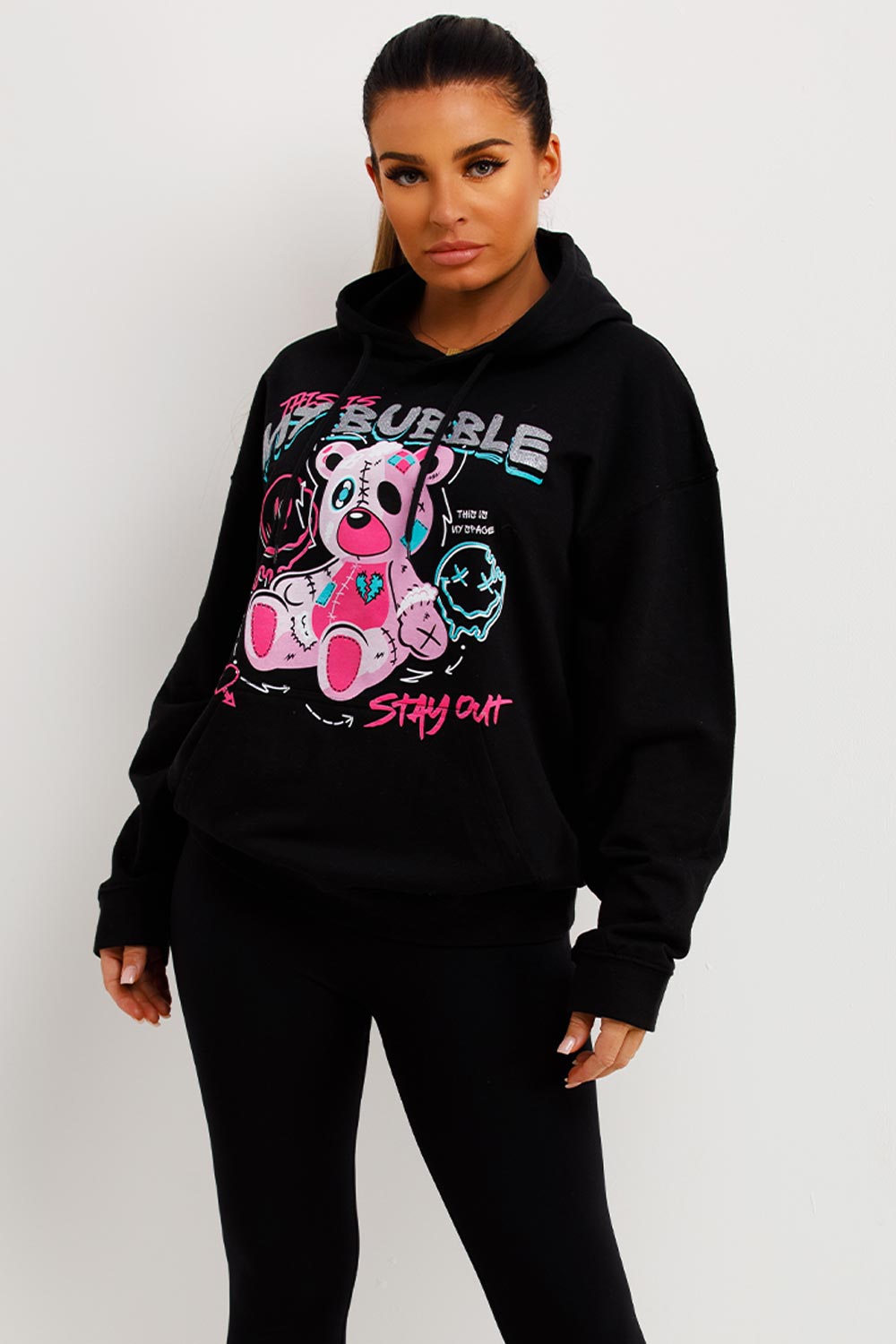 womens black oversized hoodie with teddy graphic print